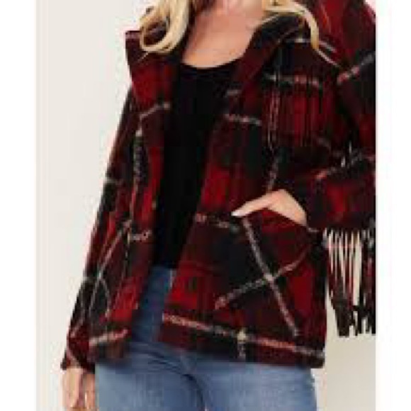 Idyllwind Cozy Red Plaid Fringe Jacket - Picture 3 of 5
